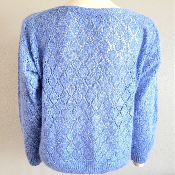 SHAPELY KNITS Vintage 80s Silk Angora Open Knit Sweater Sky Blue Coquette sz L - Picture 2 of 7